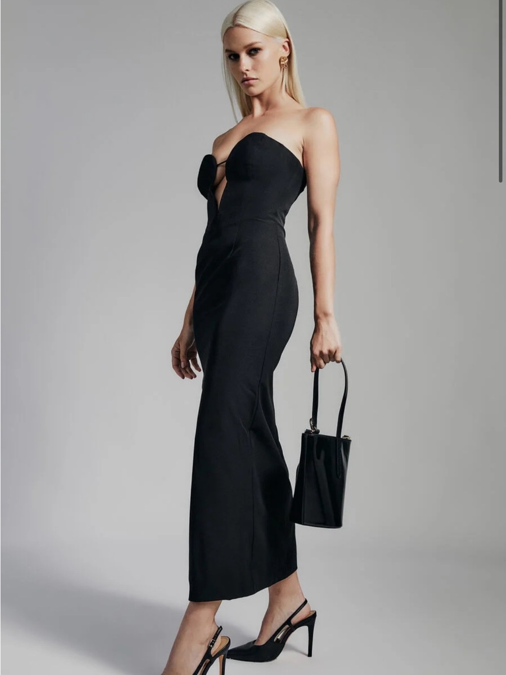 #278 Bardot Eleni Midi In Black Strapless Sweetheart Midi Dress, size XL 10